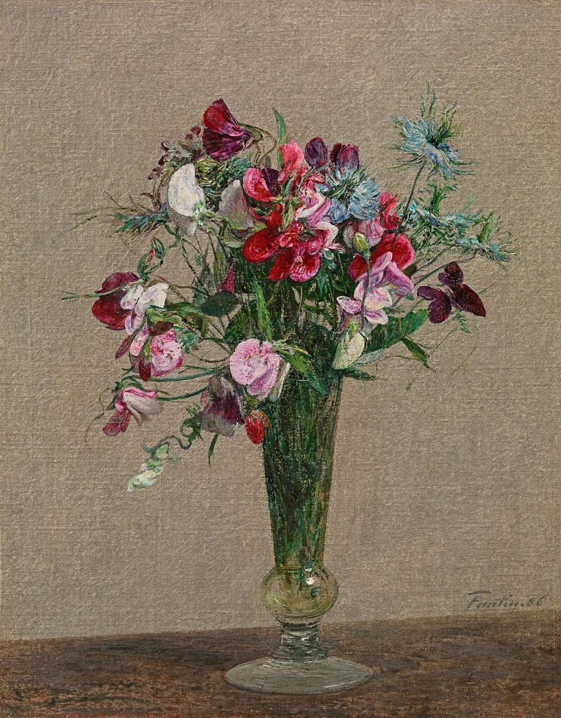 Blomster, duftende ærter og nellikker i en lille vase - Henri Fantin-Latour