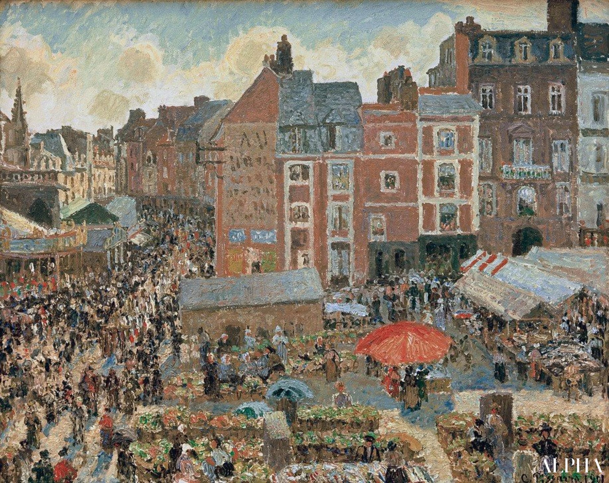 Foire i Dieppe, Solen, Eftermiddag - Camille Pissarro - Reproduktioner af malerier og højkvalitets malerier