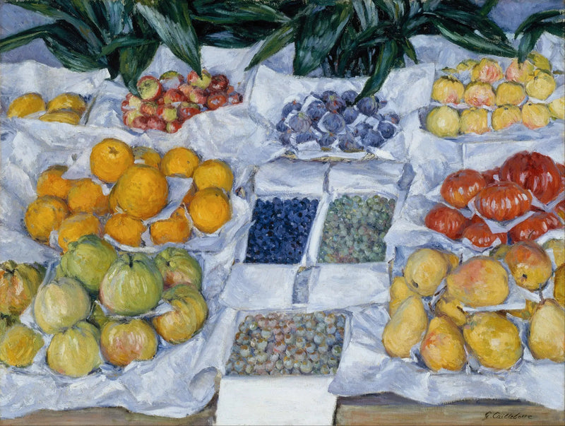 Frugter præsenteret på en udstillingsstand - Gustave Caillebotte