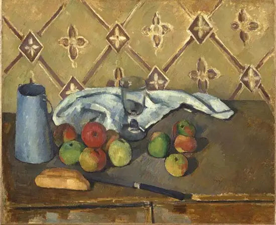 Frugter, serviet og mælkekasse - Paul Cézanne