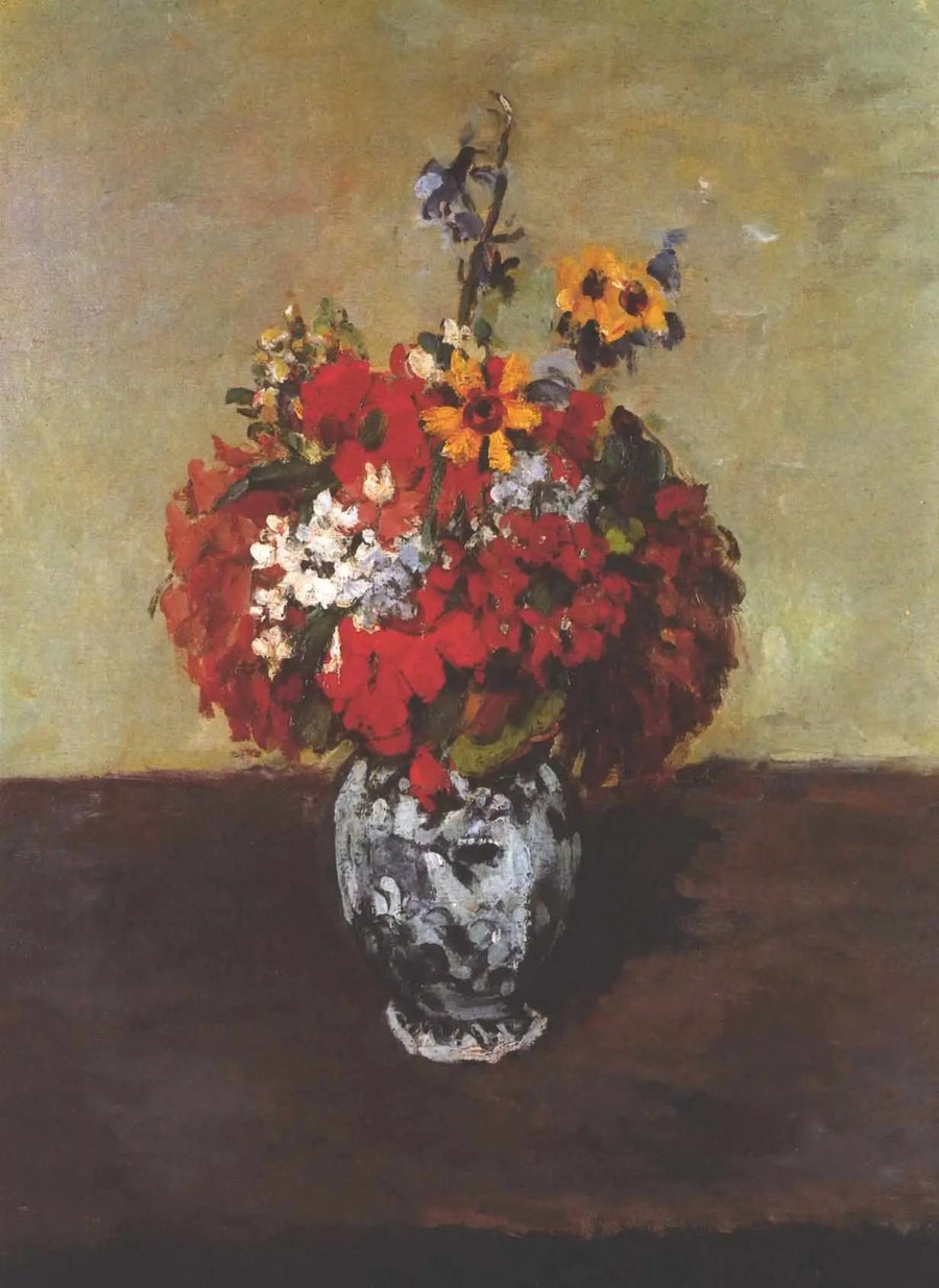 Geranier og larkspur i en lille Delft-vase - Paul Cézanne
