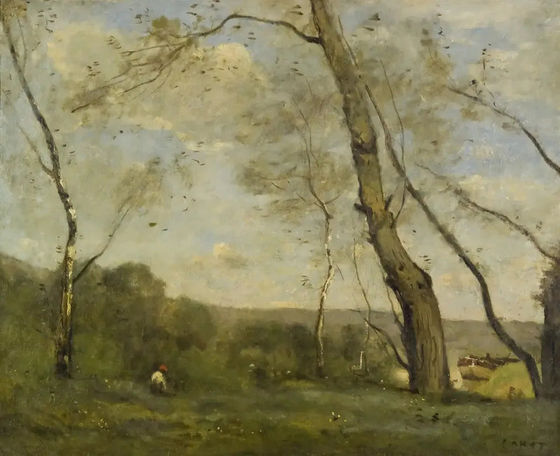Store træer dominerer bredden af en flod - Jean-Baptiste Camille Corot