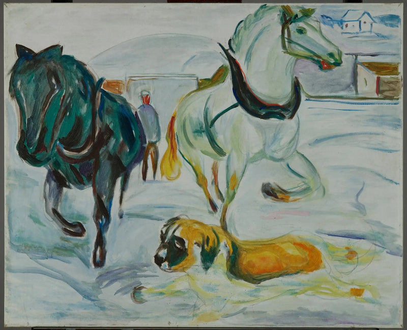 Gruppe af heste og Saint Bernard i sneen - Edvard Munch