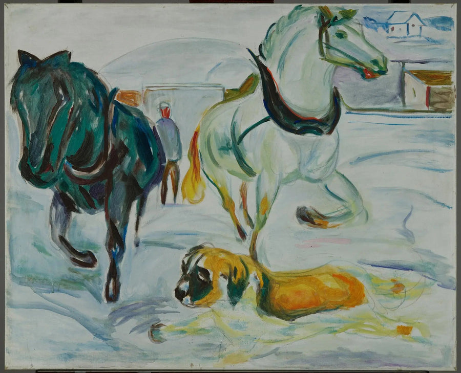 Gruppe af heste og Saint Bernard i sneen - Edvard Munch
