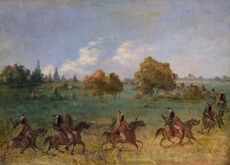 Comanche krigsguppe i gang, fuldt udstyret - George Catlin