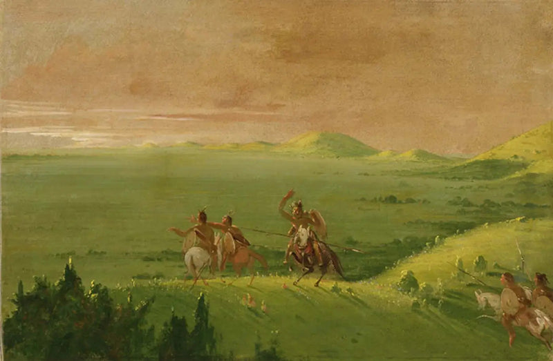 Comanche krigsguppe, lederen opdager fjenden og opfordrer sine mænd ved solopgang - George Catlin