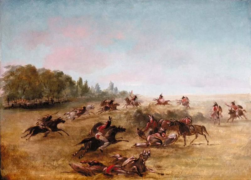 Krigsgruppe, der bevæger sig gennem en buskads - George Catlin
