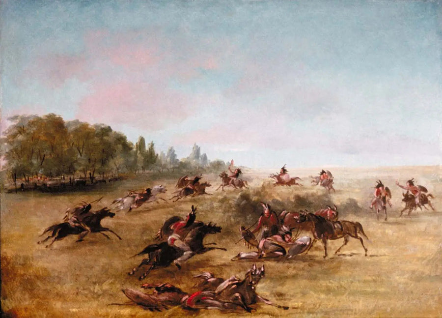 Krigsgruppe, der bevæger sig gennem en buskads - George Catlin