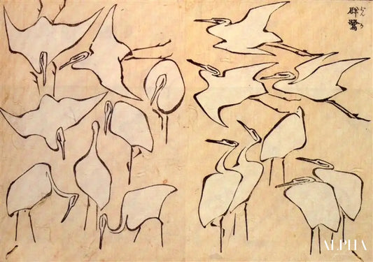 grues à partir de leçons rapides de dessin simplifié - Katsushika Hokusai - Reproductions de tableaux et peintures haut de gamme