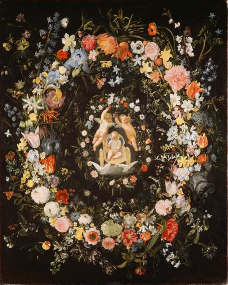 Blomstergirlande omkring en medaljon, der forestiller kærlighedens triumf - Domenichino