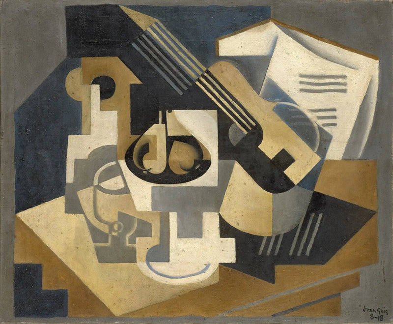 Guitare og kompotfad på et bord - Juan Gris