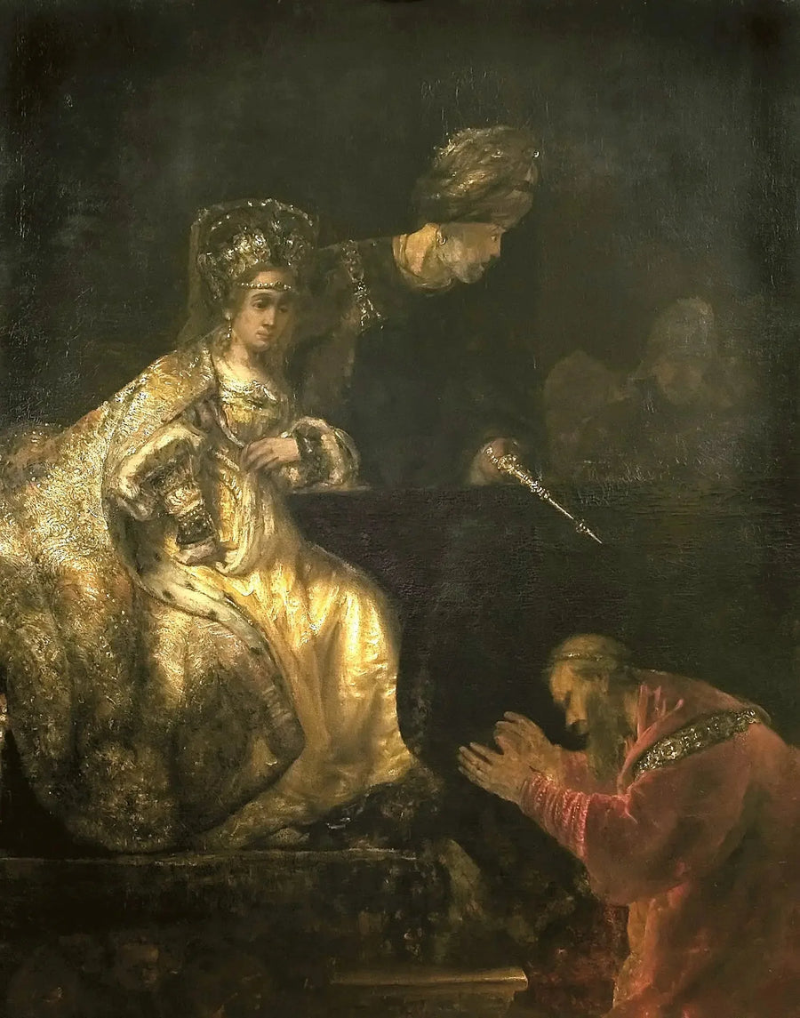 Haman beder Esther om at give ham livet tilbage - Rembrandt