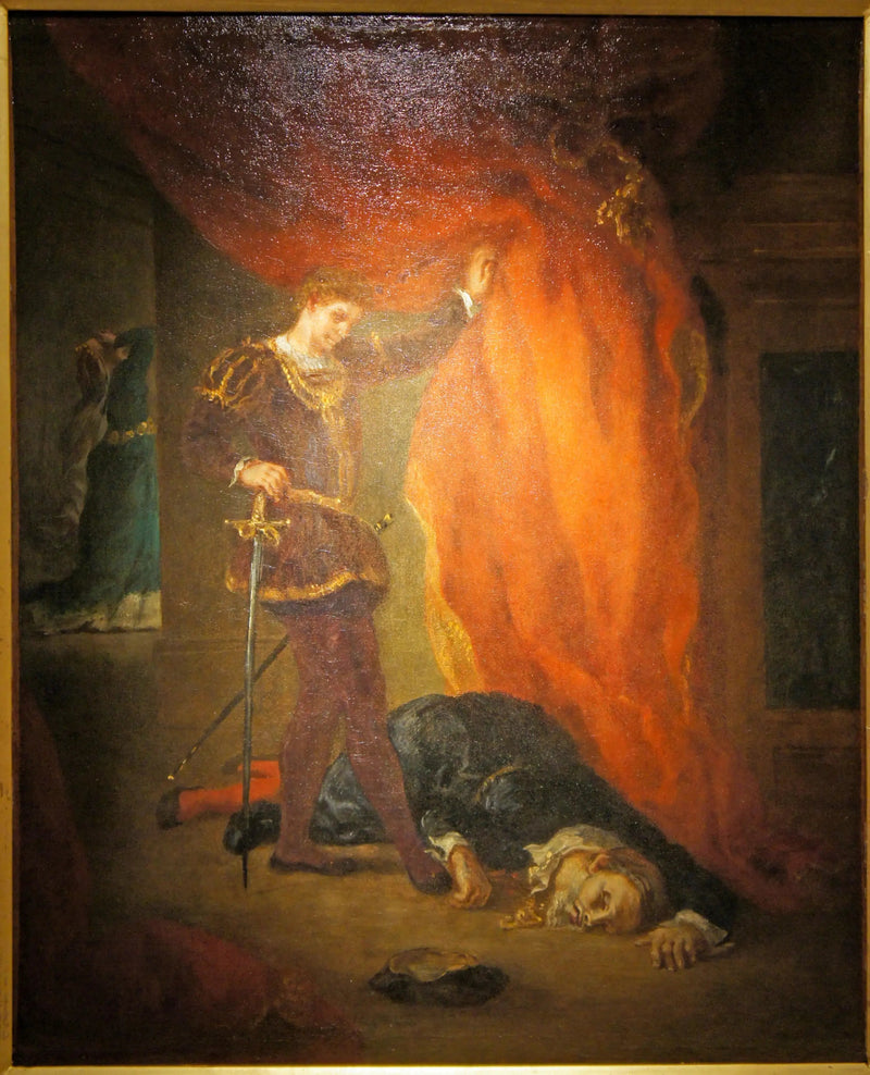 Hamlet foran Polonius' lig - Eugène Delacroix