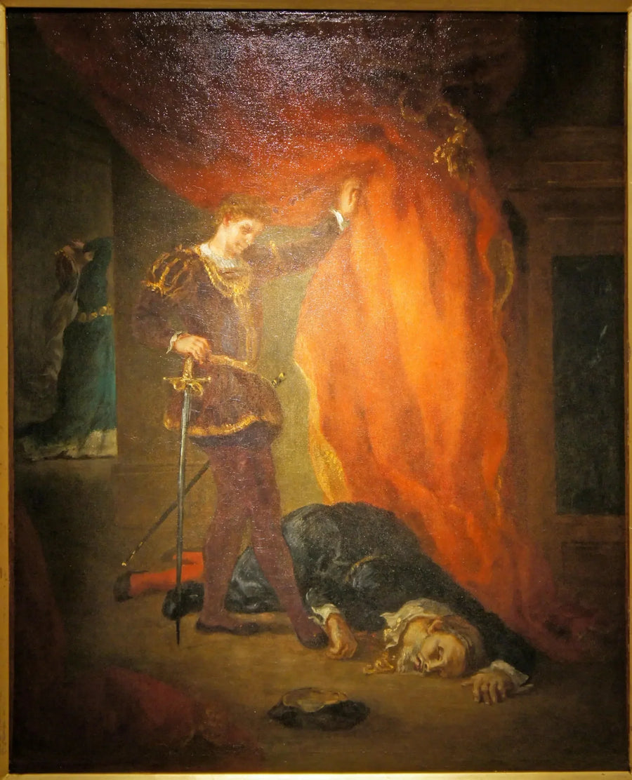 Hamlet foran Polonius' lig - Eugène Delacroix