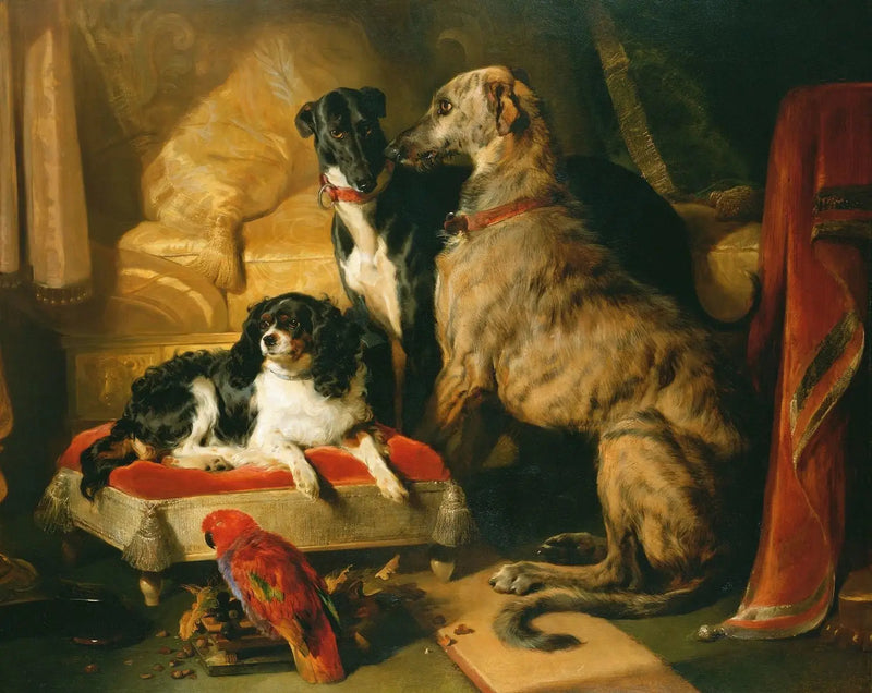 Hector, Néron og Dash med papegøjen, Lory - Edwin Henry Landseer