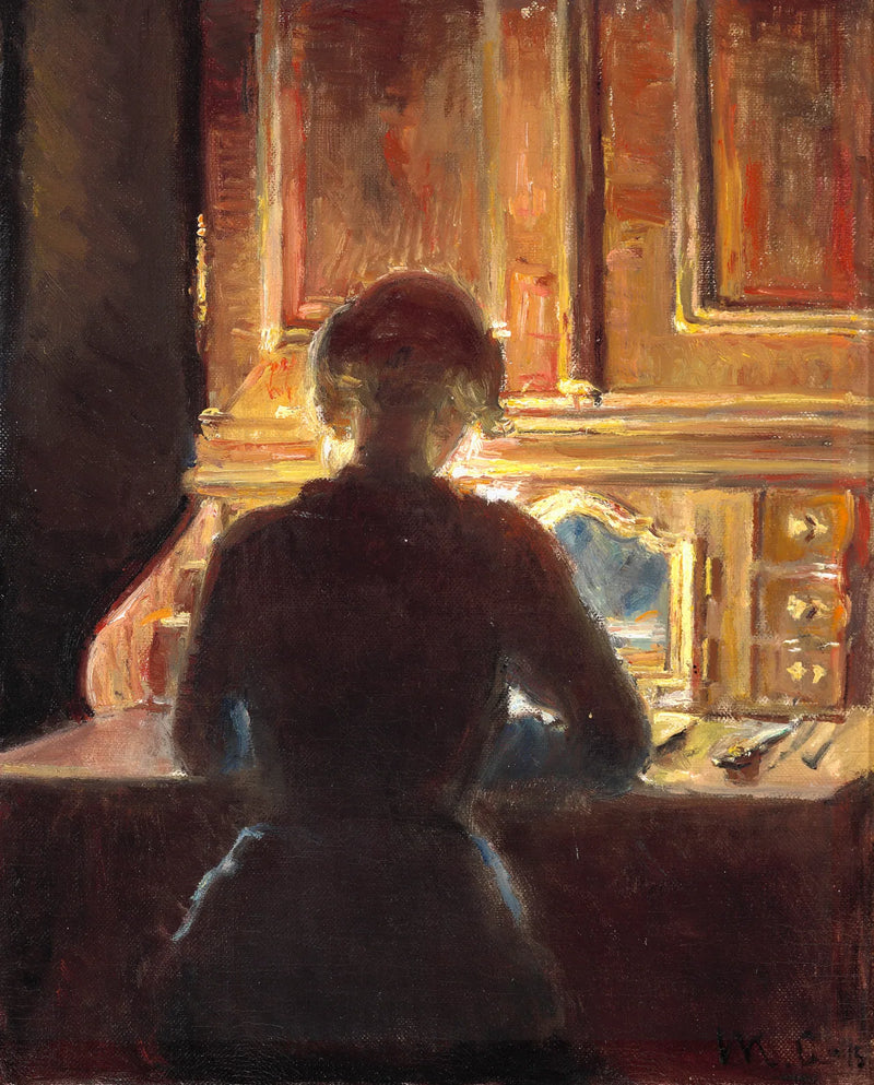 Helga sad i Michael Anchers atelier i hans Ortmann-bord i rokoko-valnød på Markvej. -Michael Peter Ancher