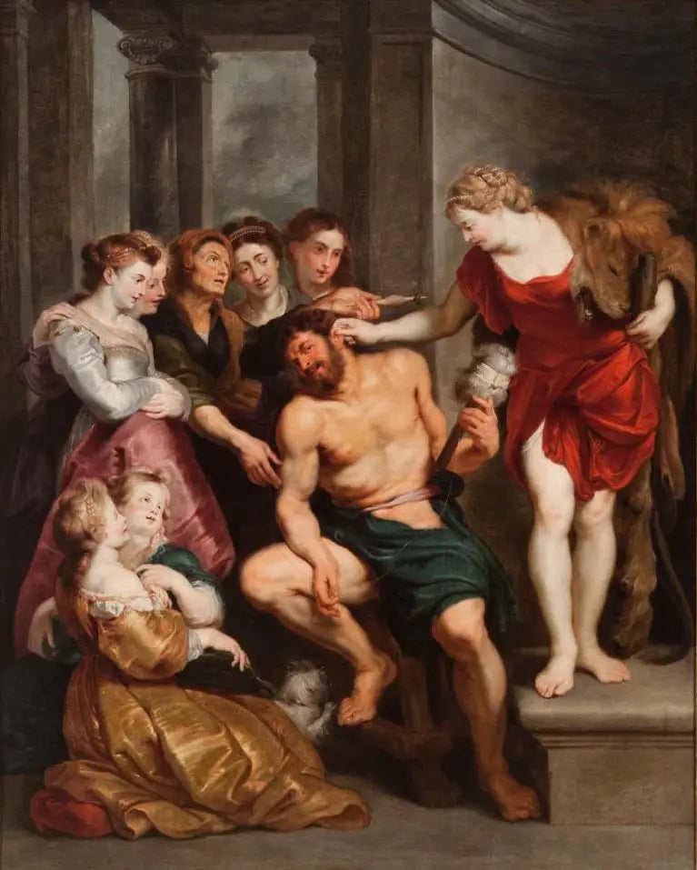 Hercules, syg af kærlighed, bliver domineret af Omphale - Peter Paul Rubens