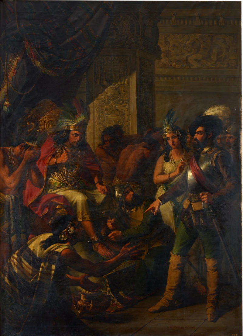 Hernán Cortés, le célèbre conquérant du Mexique, entre avec l'interprète Doña Marina et trois ou quatre de ses capitaines dans la chambre de Moctezuma et, avec empire et résolution, lui ordonne de lui mettre les fers. - Antonio Gómez y Cros