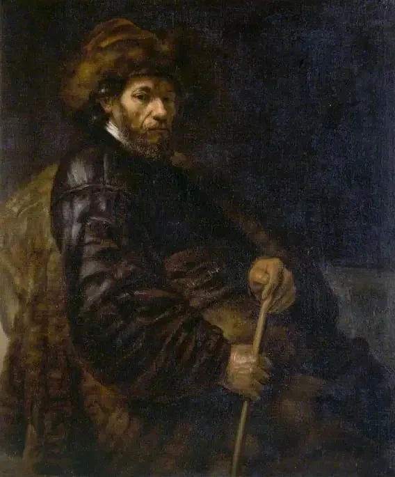 En mand siddende med en stok - Rembrandt