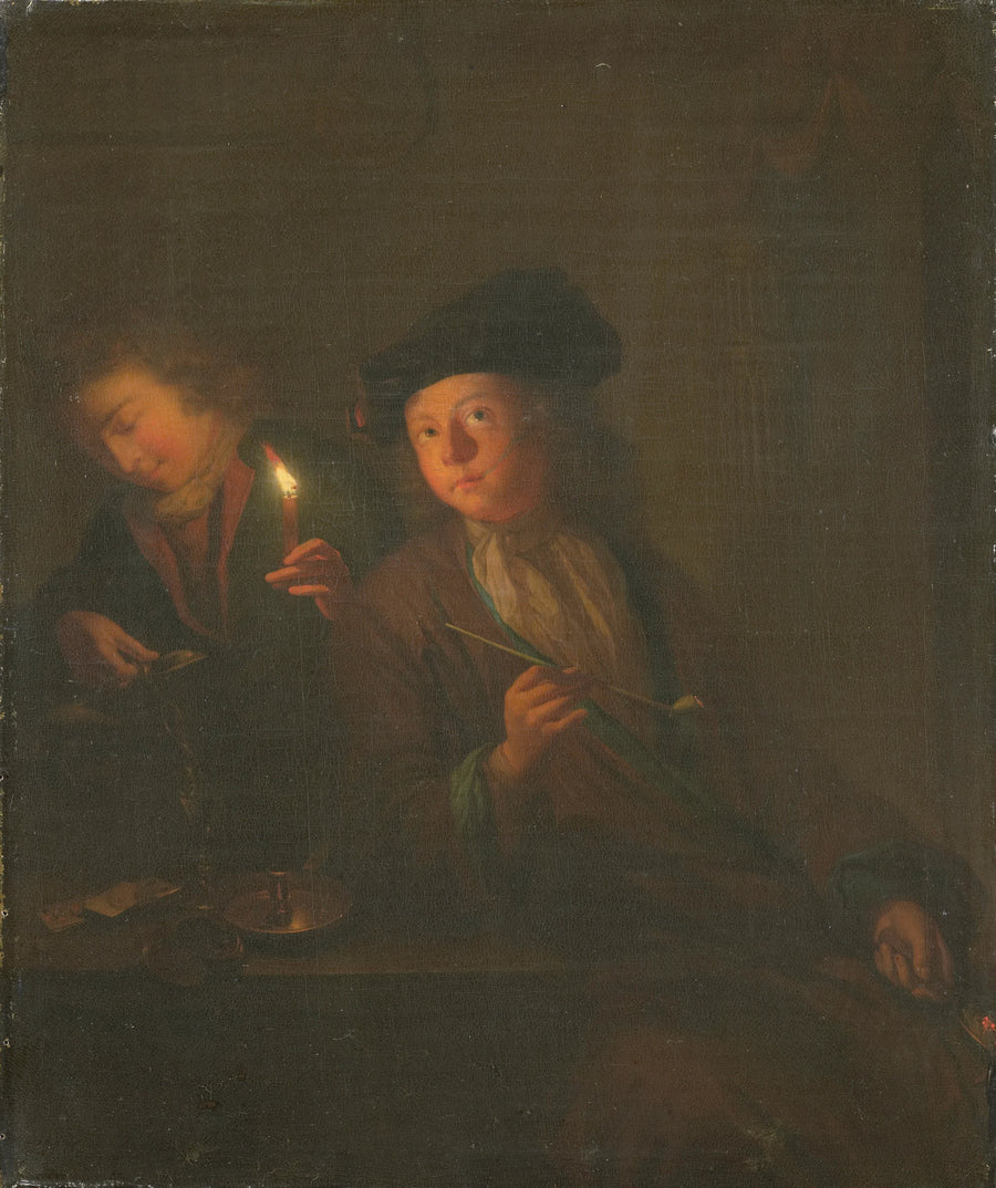 Un homme avec une pipe et un homme se versant un verre - Godfried Schalken