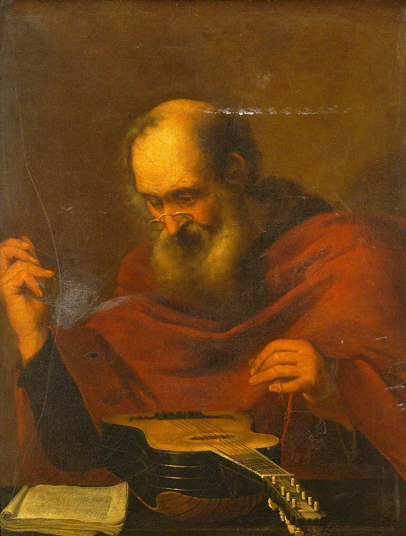 Mand, der skifter strenge på en guitar - Jusepe de Ribera