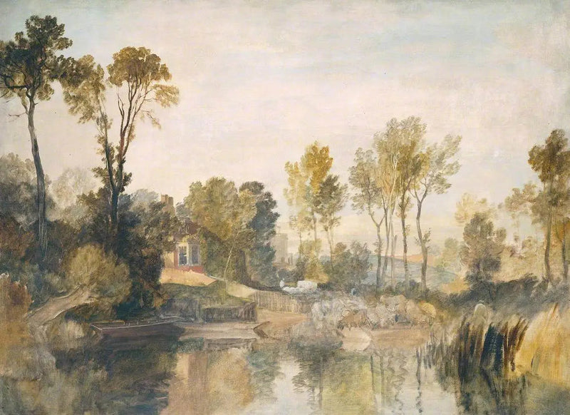Hus ved floden, med træer og får - J. M. W. Turner