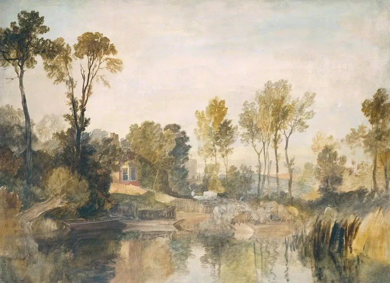 Hus ved floden, med træer og får - J. M. W. Turner