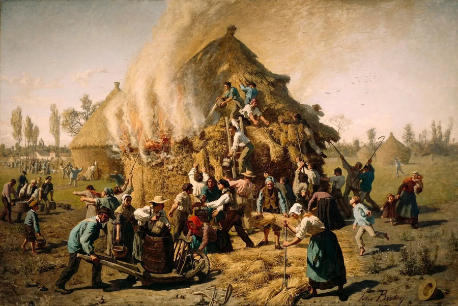 Brændende i en høstak - Jules Breton