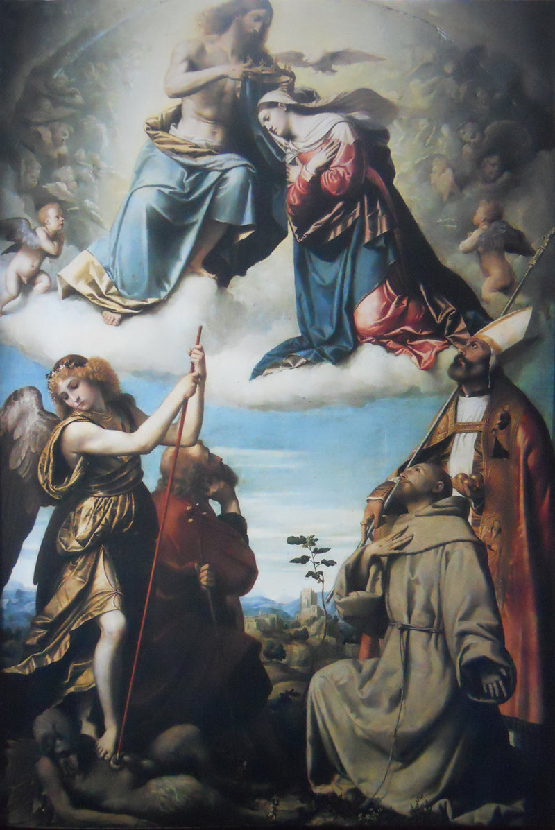 Indkroning af Jomfru Maria med helgenerne Mikael Arcangelo, Josef, Francesco d'Assisi og Nicola di Bari - Alessandro Bonvicino