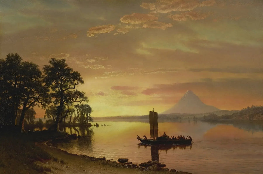 Indiens traversant floden Columbia [med Mount Hood i det fjerne] - Albert Bierstadt