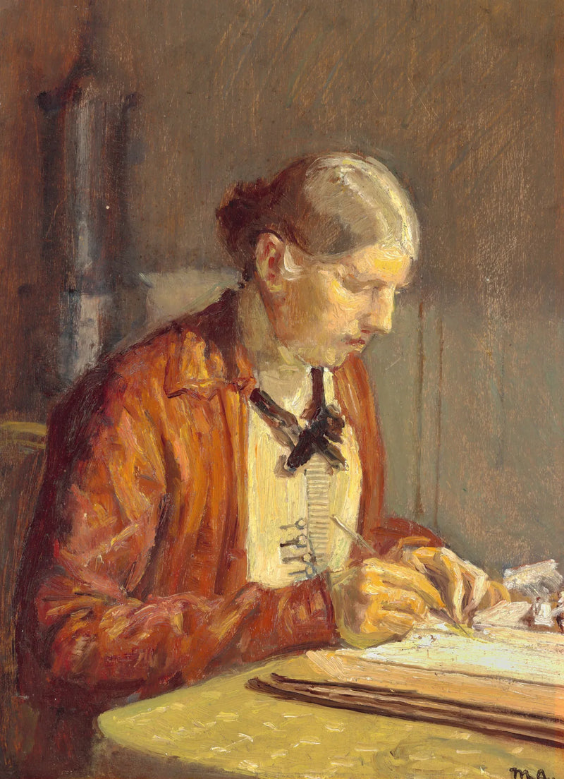 Interiør med Anna Ancher, kunstnerens hustru, maleri. - Michael Peter Ancher