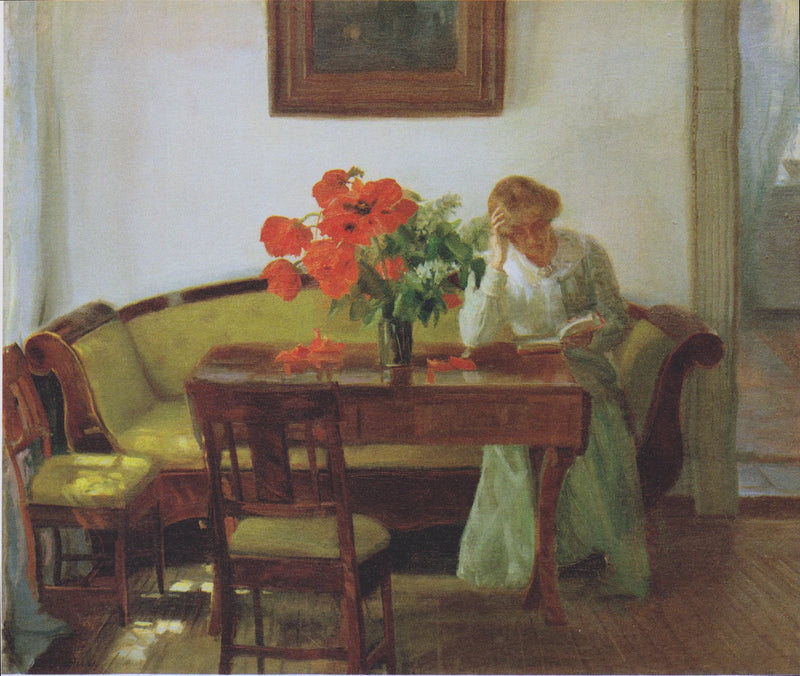 Interiør med valmuer og en læsende kvinde (Lizzy Hohlenberg) - Anna Ancher