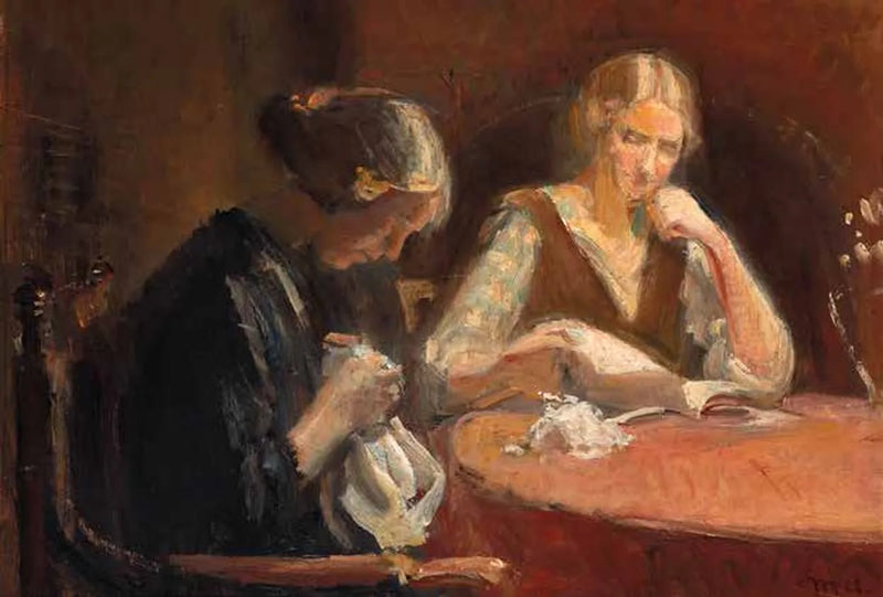 Interiør med to kvinder i gang med deres håndarbejde. - Michael Peter Ancher
