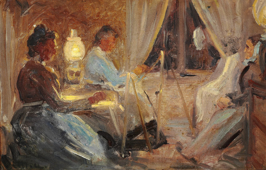 Interiør med to kvinder, der maler portræt af fru Ane Bründum. - Michael Peter Ancher