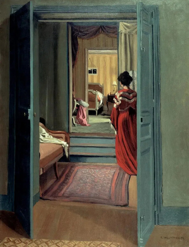 Indretningsdetalje med kvinde i rød set bagfra - Félix Vallotton