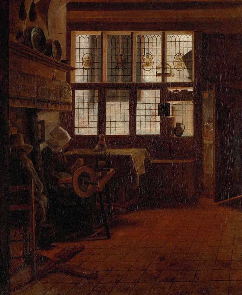 Intérieur avec femme sur un rouet. - Esaias Boursse