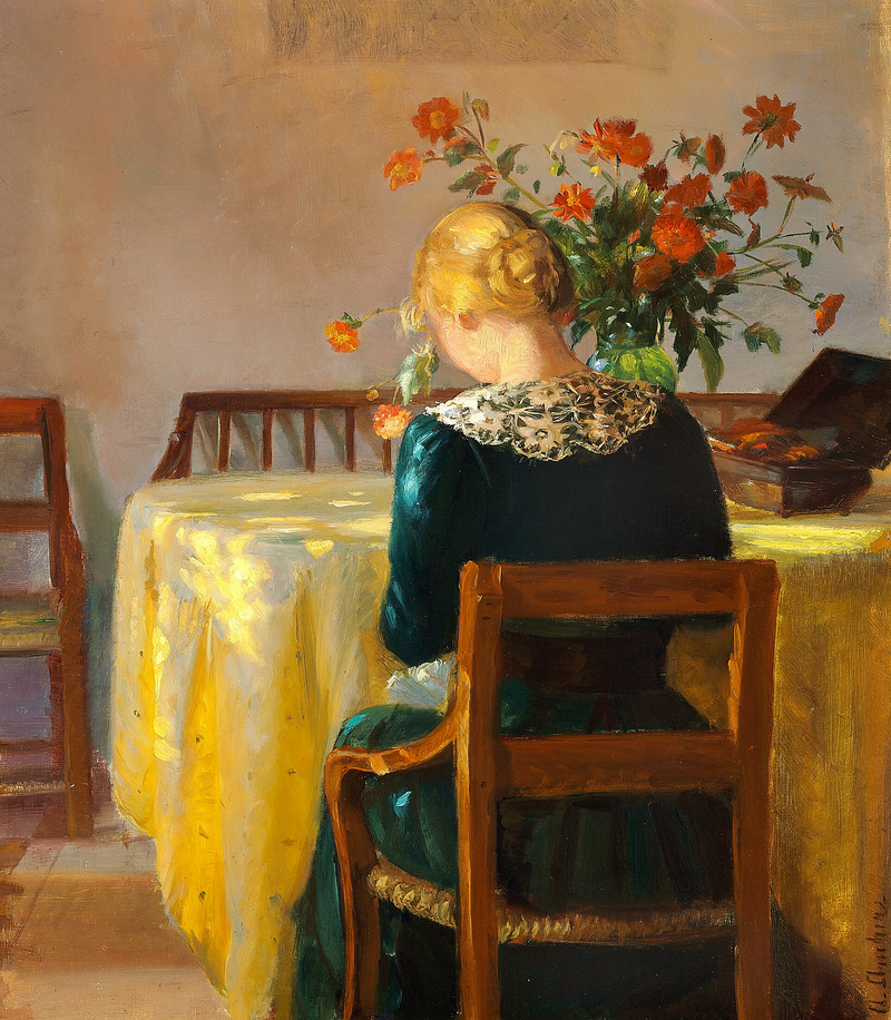 Interiør med Helga, malerens datter, der syr - Anna Ancher