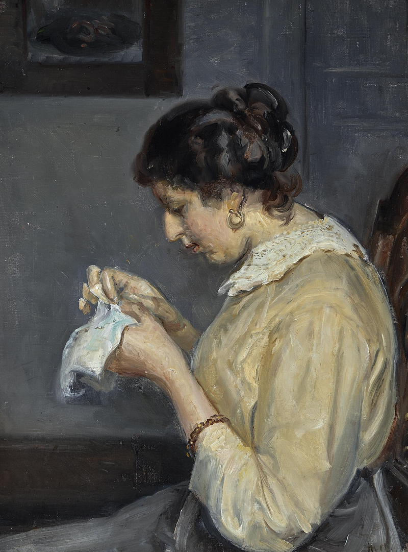 Interiør med Henny Brodersen, der laver broderi. - Michael Peter Ancher