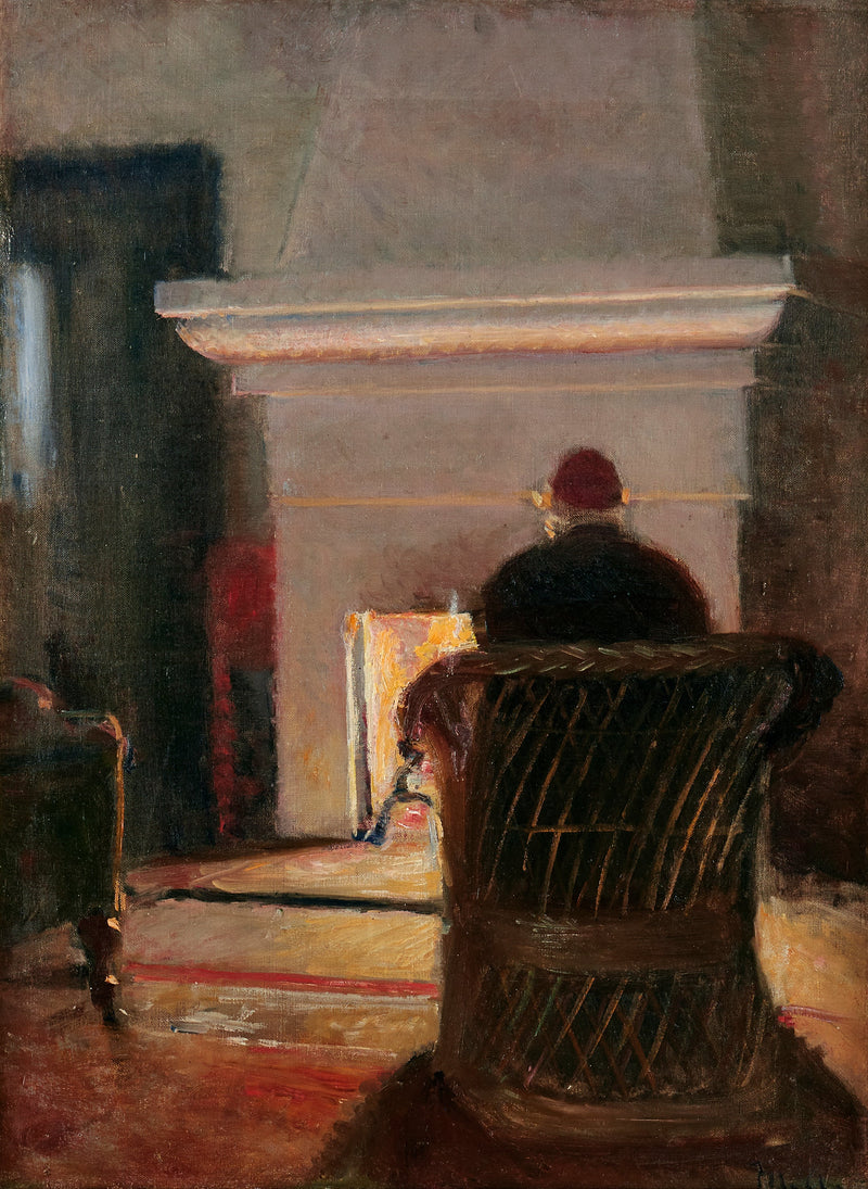 Interiør med Holger Drachmann ved pejsen i Villa Pax, Skagen. -Michael Peter Ancher