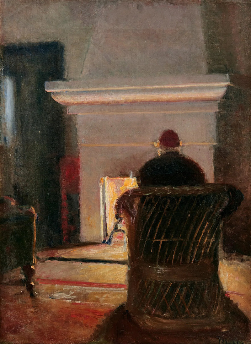 Interiør med Holger Drachmann ved pejsen i Villa Pax, Skagen. -Michael Peter Ancher