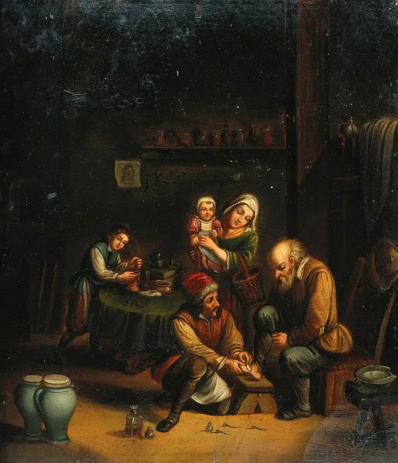 Interiør med en kirurg, der behandler en mands fod, og tre andre personer - David Teniers le Jeune