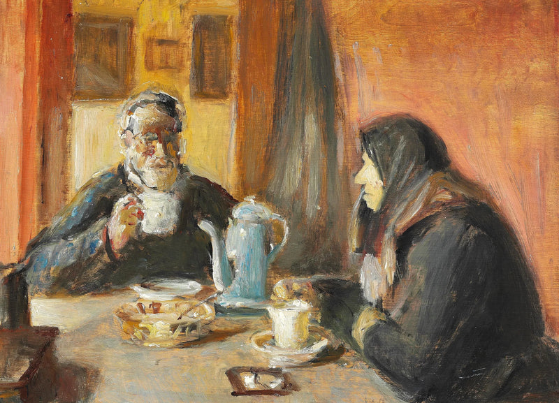 Interiør med et ældre par, der drikker kaffe. - Michael Peter Ancher