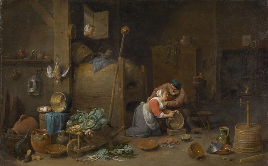 Interiør med en gammel mand, der krammer en rengøringskone - David Teniers den Yngre