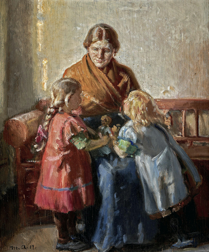 Interiør med en kvinde og to børn. - Michael Peter Ancher