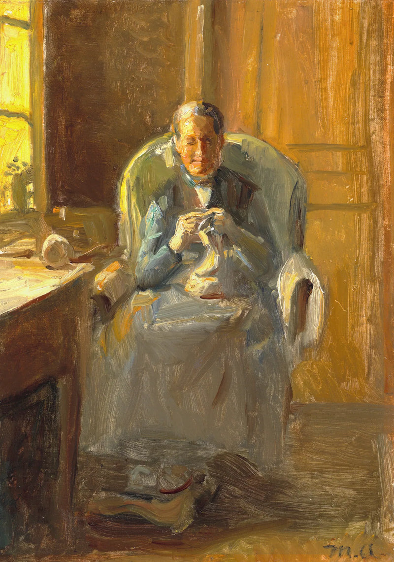 Interiør med en kvinde, der strikker i solen ved vinduet. - Michael Peter Ancher