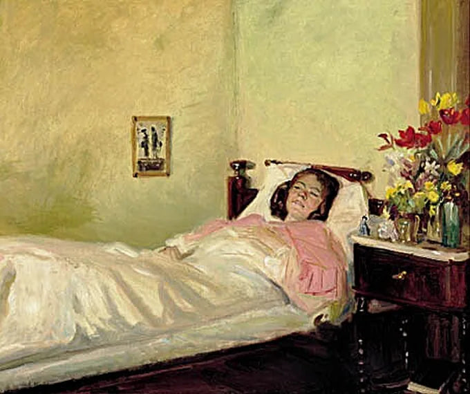 Interiør med en ung kvinde liggende i sengen. - Michael Peter Ancher