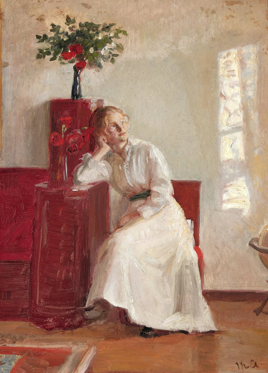 Interiør med en ung kvinde siddende på en stol. - Michael Peter Ancher