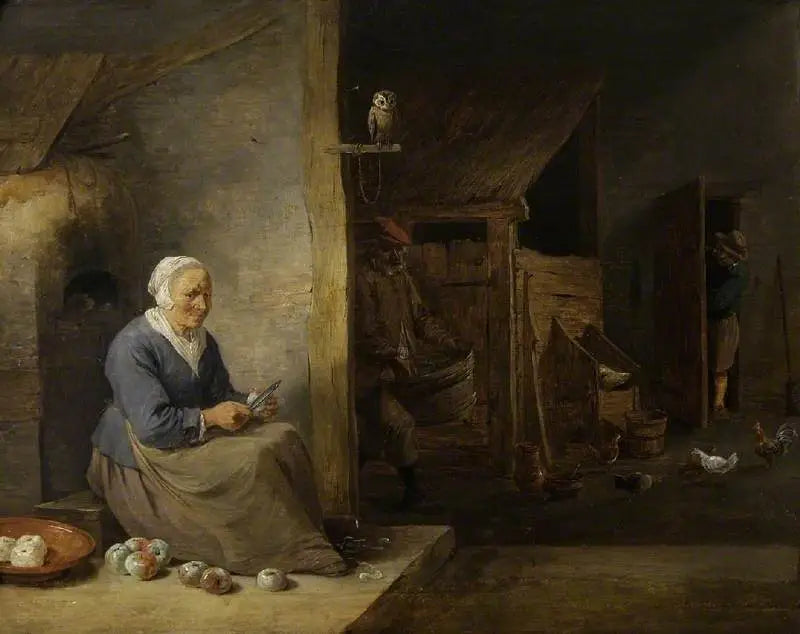 Indre, med en gammel kvinde, der skræller æbler - David Teniers den Yngre