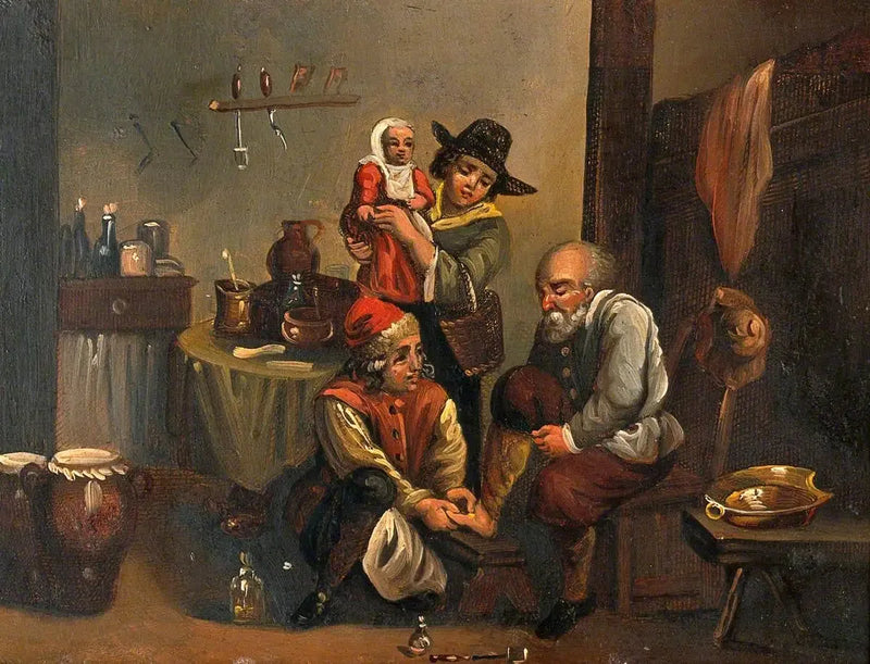 Indre af et medicinsk kontor med en kirurg, der behandler en mands fod, og en kvinde og et barn, der ser på - David Teniers den Yngre