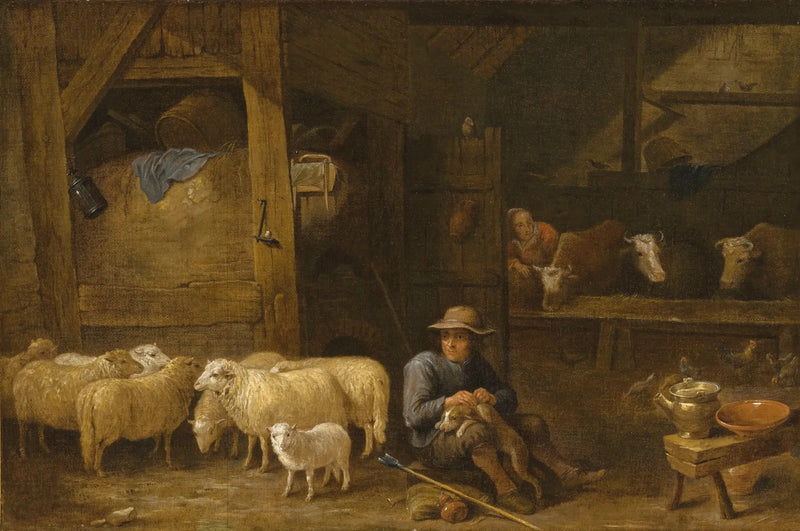Indre af en lade med en hyrde og hans flok - David Teniers den Yngre